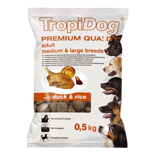 TropiDog Premium Adult Medium & Large 500g kacsa rizzsel
